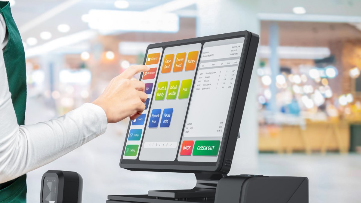 Logiciel d'une caisse enregistreuse en anglais dans un magasin.