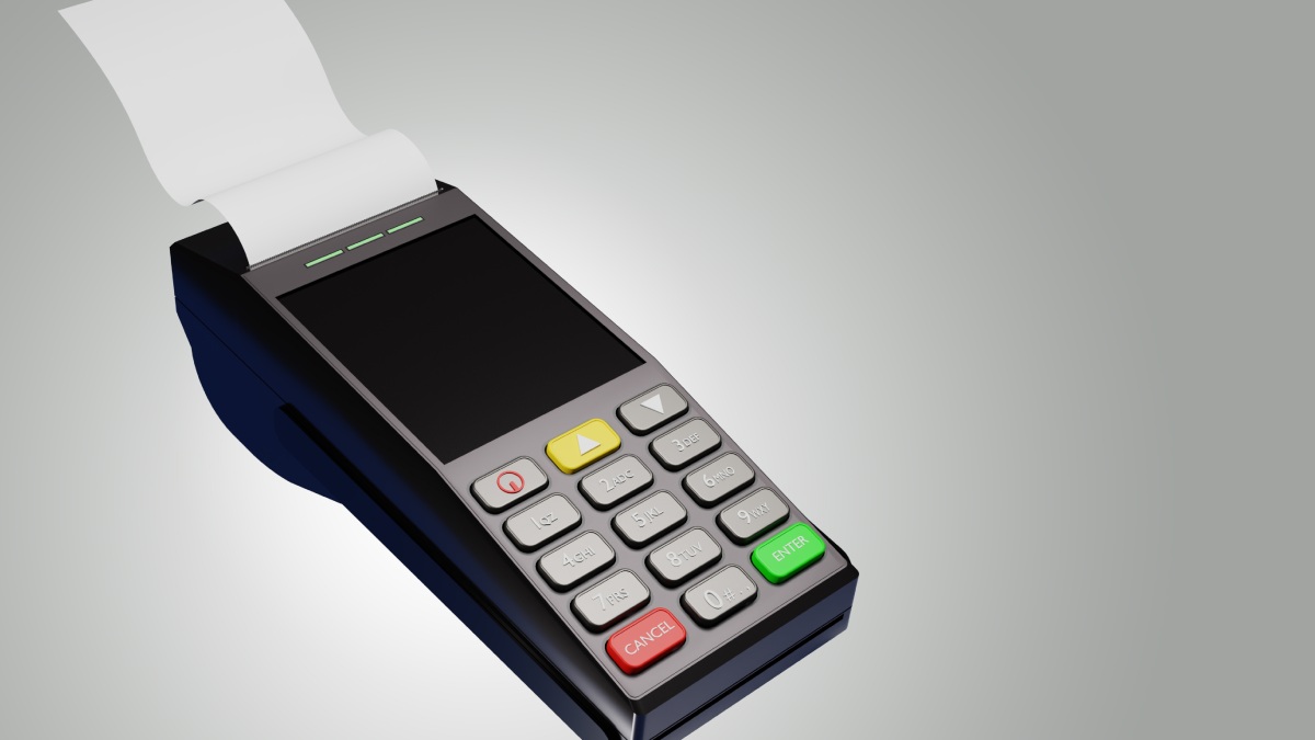 Terminal bancaire pour payer les achats en magasin avec cartes bancaires et reçu papier. Rendu 3d sur gris.
