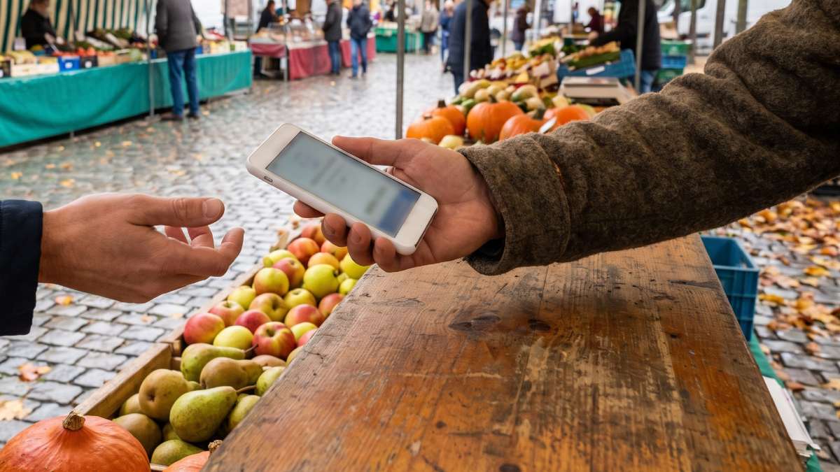 Utilisation d'un terminal de paiement CCV durant un marché.