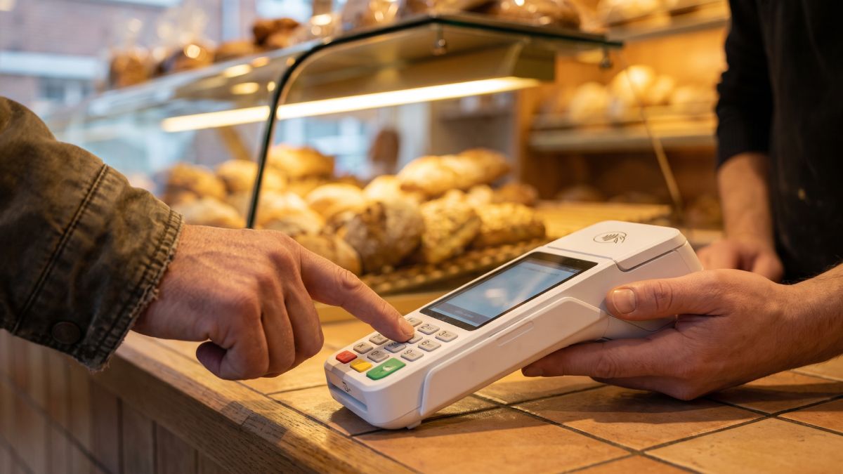 Terminal de paiement myPos dans une boulangerie en Belgique.