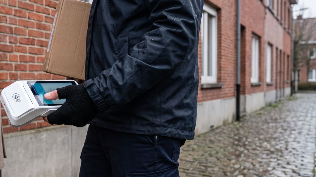 Livreur disposant d'un terminal de paiement de la marque myPos.