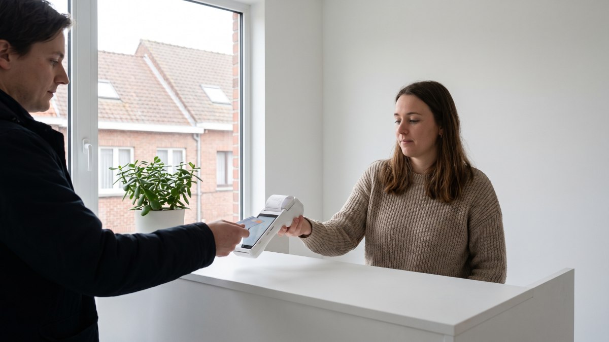 Un client paie sur un terminal sans contact de la marque Yavin dans une enseigne en Belgique.