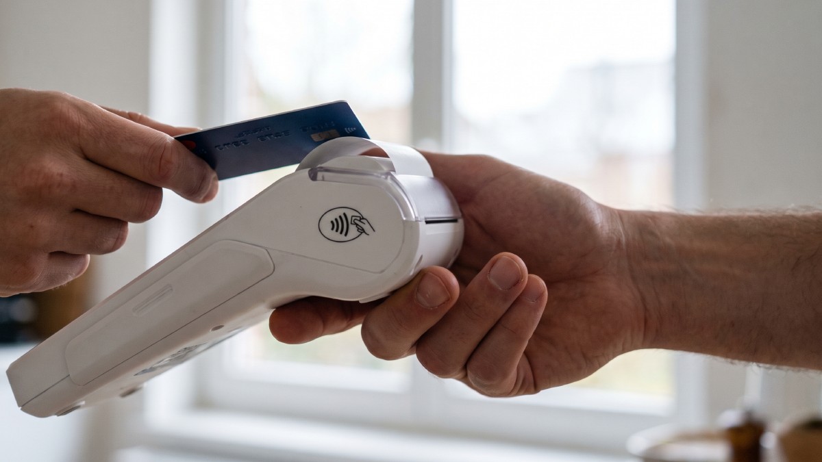 Une personne payant sur un terminal de paiement de la marque Yavin avec sans contact.