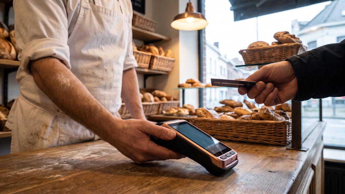 Client qui paie par carte sur un terminal de paiement Worldline dans une boulangerie en Belgique.