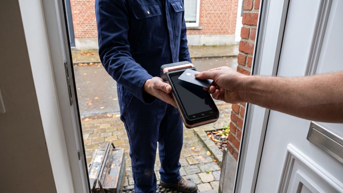 Livreur présentant un terminal de paiement Worldline après livraison d'un colis chez un habitant.