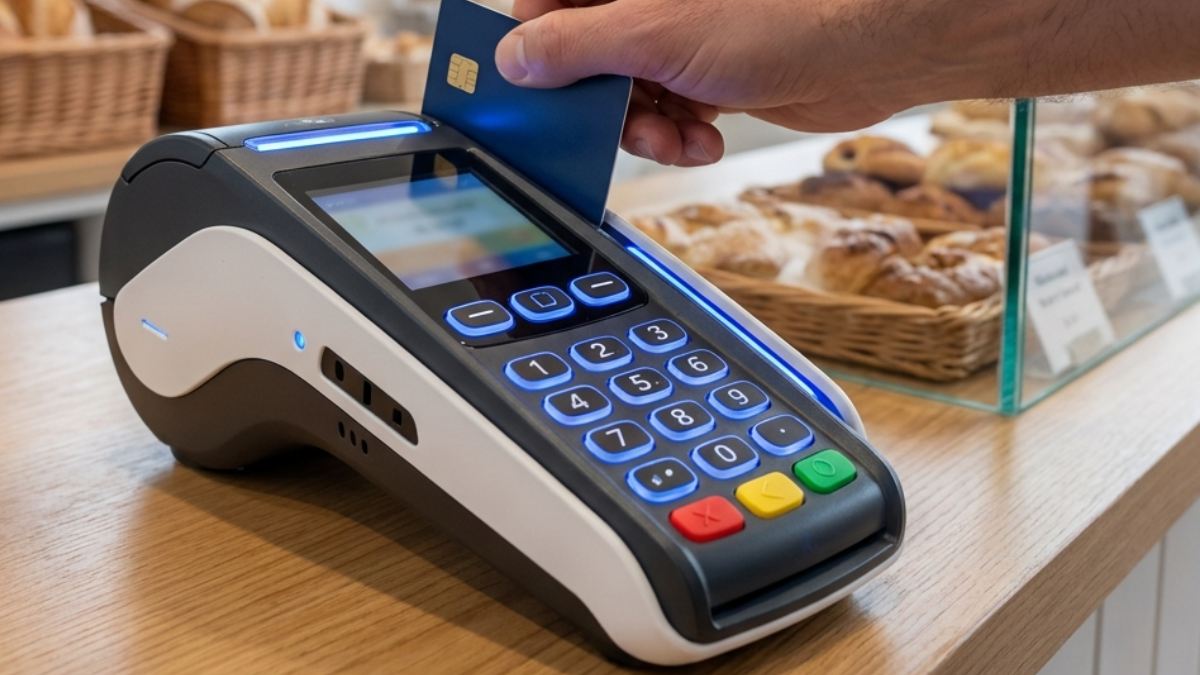 Paiement sur un terminal Yomani en boulangerie.