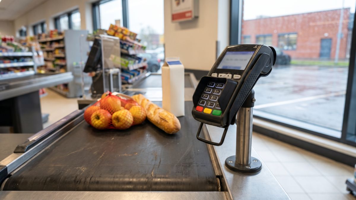 Caisse d'un magasin avec terminal de paiement pour que le client puisse payer par carte.