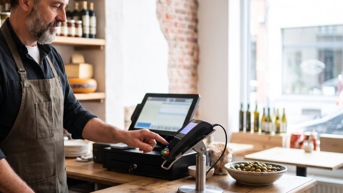 Commerçant indiquant le prix d'articles sur un terminal de paiement.