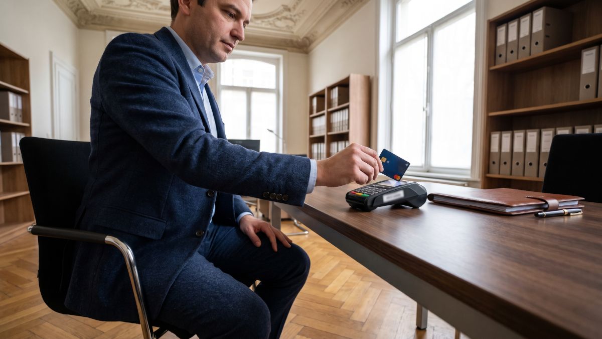 Un client payant avec sa carte sur un TPE dans un cabinet d'avocat.