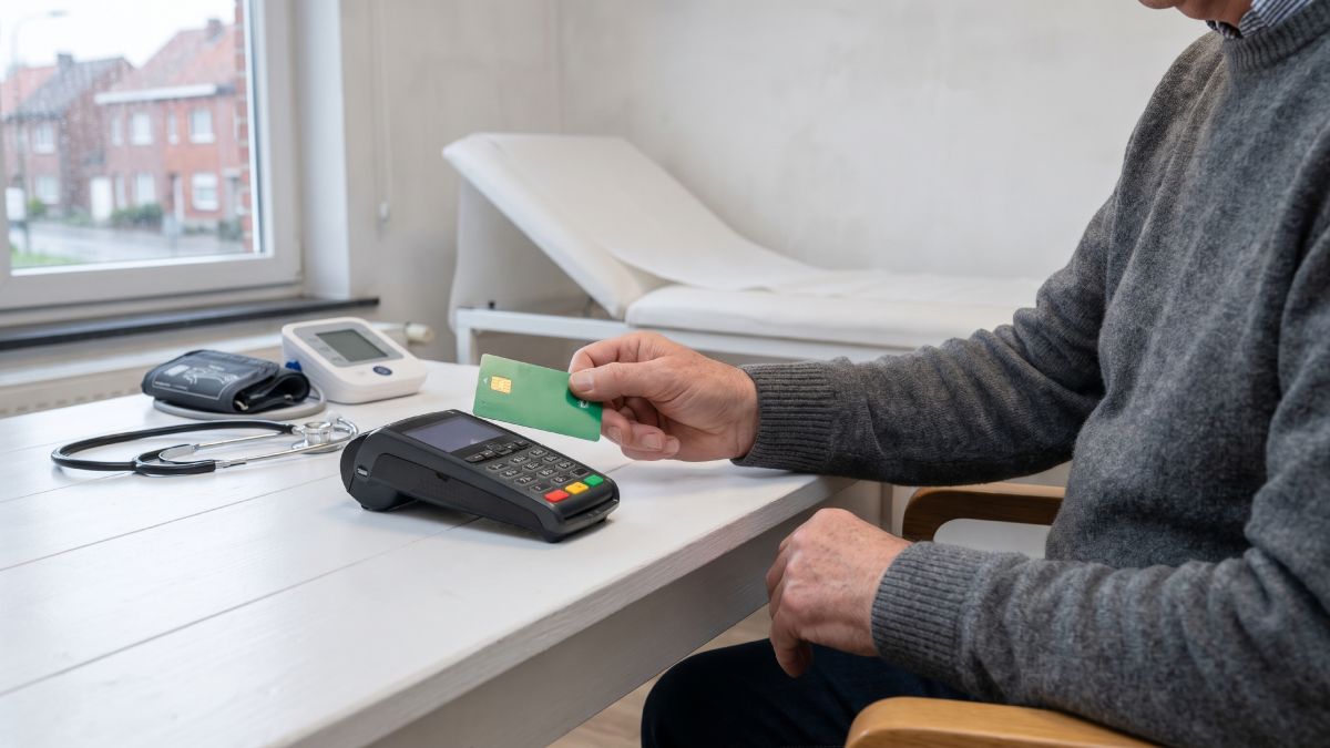 Patient payant par carte sur un TPE dans le cabinet d'un médecin.