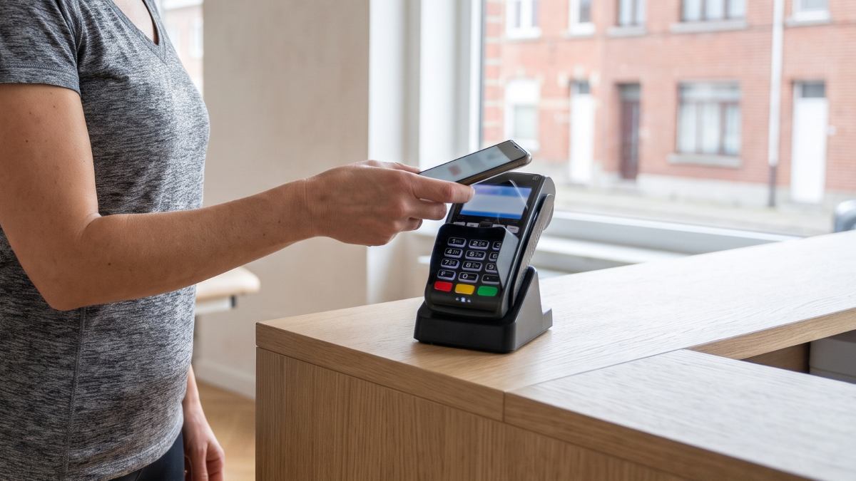 Une patiente payant avec son smartphone après une séance chez le kiné.