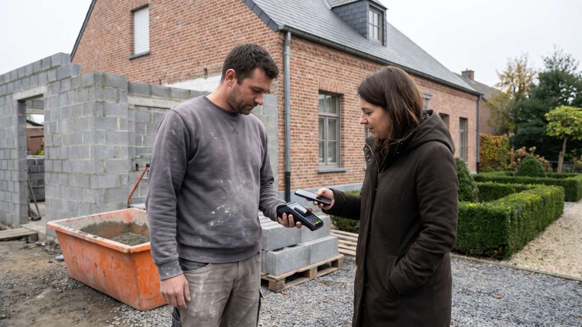 Femme payant sur un terminal de paiement avec son smartphone à l'extérieur de sa maison auprès d'un ouvrier effectuant des travaux chez elle.