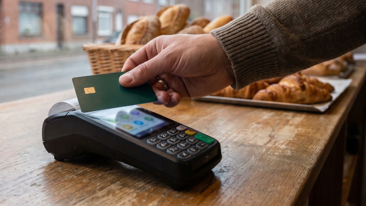 Paiement en boulangerie sur un terminal de paiement mobile avec une carte de crédit.