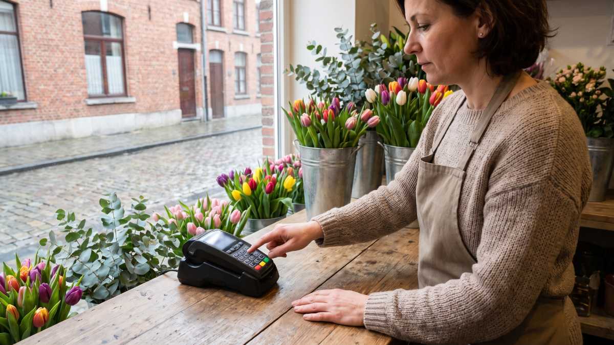 Fleuriste indiquant le montant d'une commande sur son terminal de paiement.