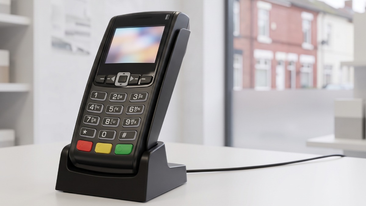 Terminal de paiement fixe de la marque Verifone dans un commerce.