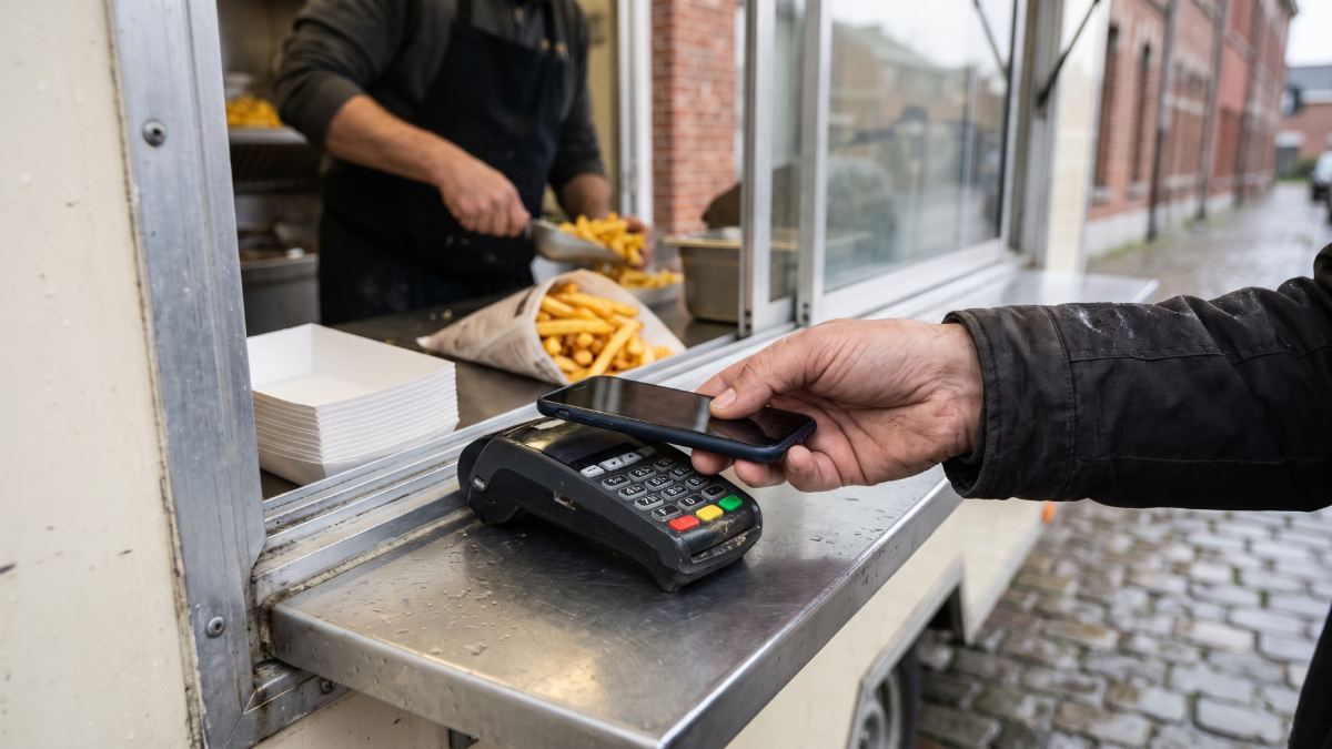 Terminal de paiement dans une friterie ambulante dans une commune belge.