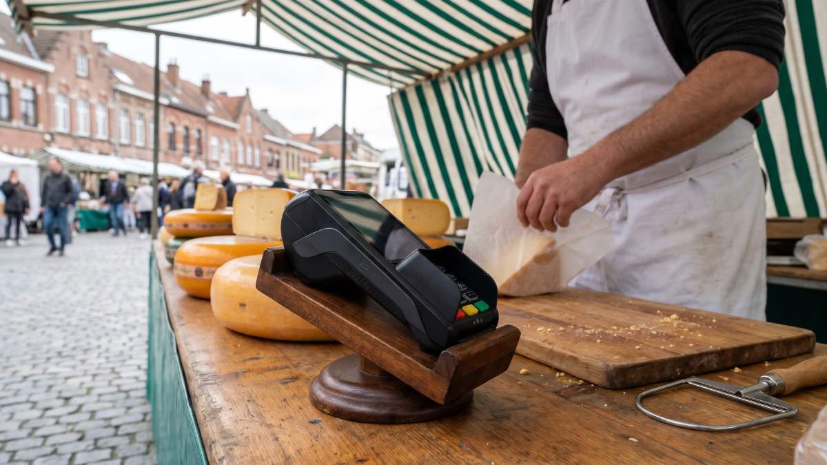 Terminal de paiement posé sur un support en bois dans le stabd d'un marché en Belgique.
