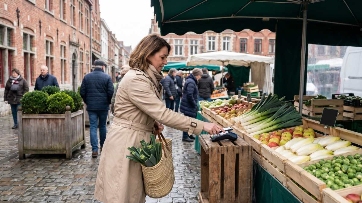Terminal de paiement dans un marché sur un stand de légumes.